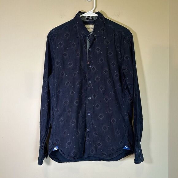 Robert Graham Shirt Small Mens Blue Geometric Check Patch Panel Long‎ Sleeve - Picture 1 of 9